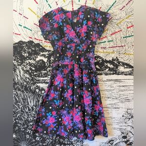 Vintage 80s Dark Floral Polka Dot Midi Dress